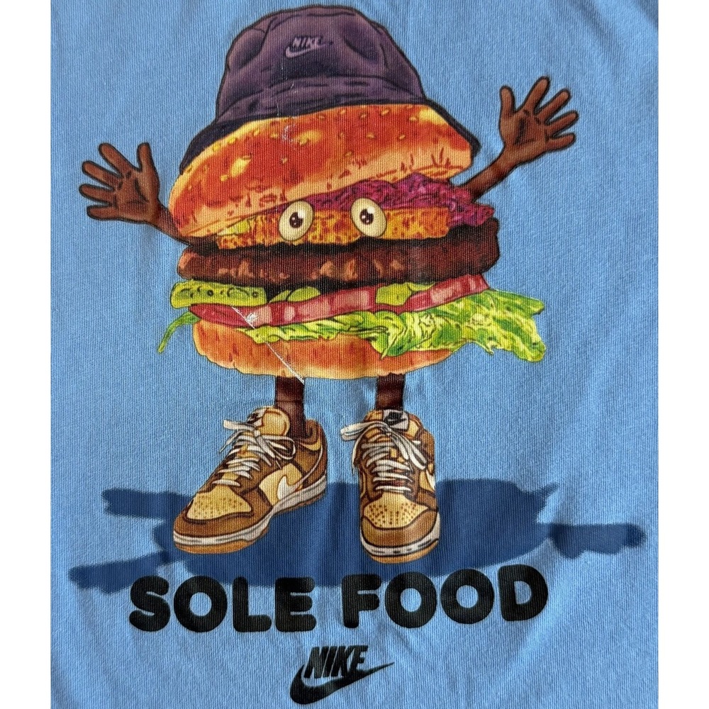 Nike Men's Short Sleeve Athletic T-shirt Blue Hamburger Graphic Sole Food